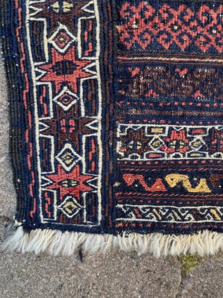 Baluch Spindle Bag. 18"x18" Opened, but complete bag. Mixed technique, weft substation, kilim, and sumac. Minor wear along strip where bag was originally folded and one small repair. See last 2 pictures.  ...