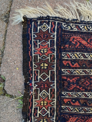 Baluch Spindle Bag. 18"x18" Opened, but complete bag. Mixed technique, weft substation, kilim, and sumac. Minor wear along strip where bag was originally folded and one small repair. See last 2 pictures.  ...