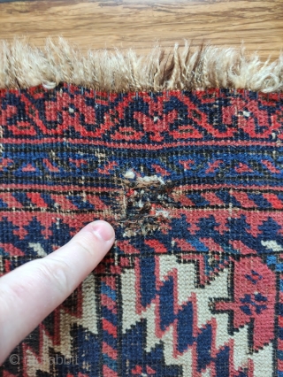(probably) Baluch with asmalyk designs.  Third quarter 19th century.  Extremely good wools.  Unfortunately rug is badly worn, with a repaired hole and substantial wear.  However, the goat hair  ...