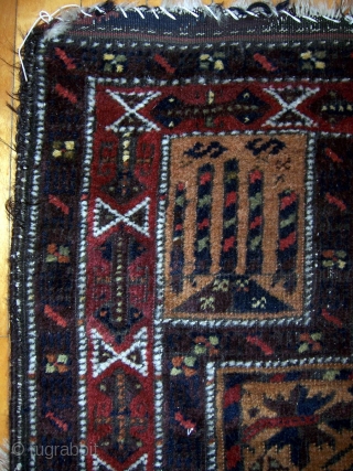 Baluch prayer rug, 30"x54".  More colors than is typical with interesting hands and main border.  Areas of wear.  Please check out my other listings. For more photos see http://picasaweb.google.com/joseph.beck/RugsForSale# 