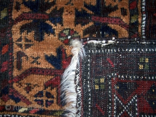 Baluch prayer rug, 30"x54".  More colors than is typical with interesting hands and main border.  Areas of wear.  Please check out my other listings. For more photos see http://picasaweb.google.com/joseph.beck/RugsForSale# 