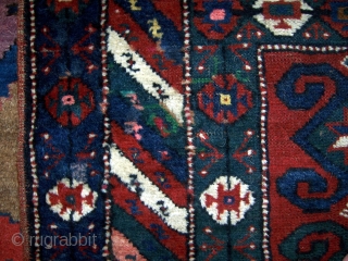 Southern Caucasian (Gendje/Kazak) rug.  34" x 74".  Borders have thick pile, parts of main field has low even pile.  Areas of repiling that were poorly done with regard to  ...