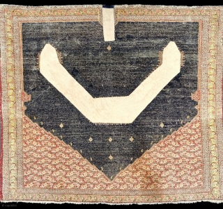 Antique Senneh saddle rug. Good condition, the fabric is thin, tautly woven and in good pile (see detail), with original sides, good vibrant dyes and professionally applied inserts. As pictured, minor loss  ...