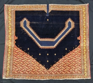 Antique Senneh saddle rug. Good condition, the fabric is thin, tautly woven and in good pile (see detail), with original sides, good vibrant dyes and professionally applied inserts. As pictured, minor loss  ...