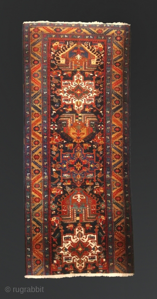 Old fragmentary Karajeh. 213 cm x 90 cm (84" x 36") Bits of oxidation, lovely, saturated colors, excellent condition, washed. Final picture shows the weave. Truncated in size and price, but quite  ...