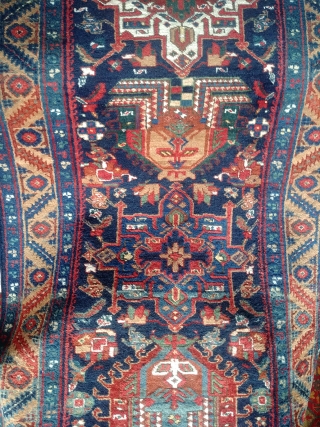 Old fragmentary Karajeh. 213 cm x 90 cm (84" x 36") Bits of oxidation, lovely, saturated colors, excellent condition, washed. Final picture shows the weave. Truncated in size and price, but quite  ...