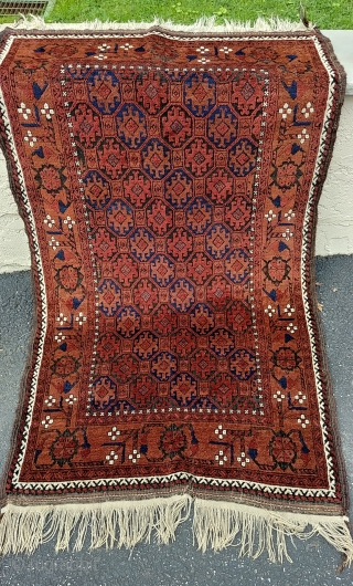 Khorasan Baluch rug. 1900 or so, ~95cm x ~150cm. Excellent shape. Vibrant wool. Some corrosion. One small, inconspicuous mend at the south end. Clean. Photo #2 taken in partial sun. The remainder  ...