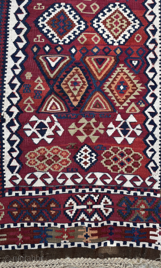 Antique, east Anatolian kilim. Dated, hajira - 1290 (1873). Dimensions, 92cm x 172cm. Good, vibrant colors throughout, with an autumnal palette; brighter than captured here.  In excellent condition, with a couple  ...