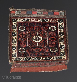 A pair of Baluch bags with star centers and curling leaf borders. Excellent condition with just some age-appropriate etching. One bag has a small ancient patch shown in the detail. The bags  ...