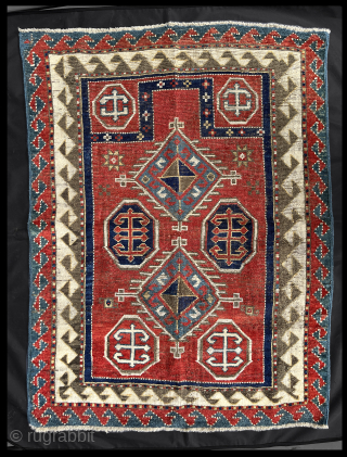 Antique Caucasian prayer rug. 94cm x 122cm (3'1" x 4'). Floppy handle, signs of age, even wear. Spare design, compact dimensions, impactful display. Images show full front and back. Email contact: ...