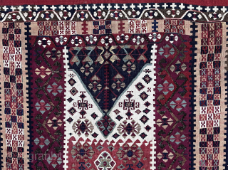 Antique Reyhanli kilim. 184 x 109 cm / 6' x 3' 7" Metal threads, a few small repairs, and a small stain as shown in the final photo; in overall excellent conditon. ...