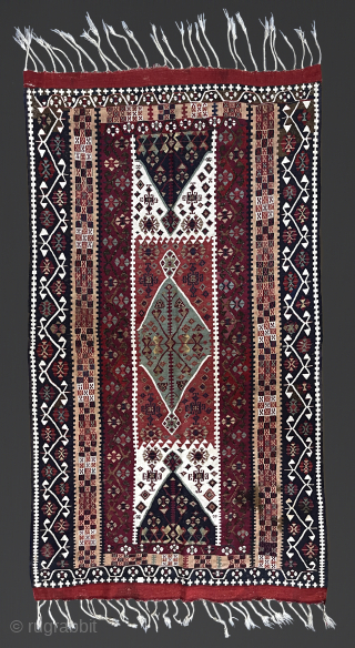 Antique Reyhanli kilim. 184 x 109 cm / 6' x 3' 7" Metal threads, a few small repairs, and a small stain as shown in the final photo; in overall excellent conditon. ...