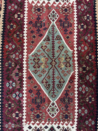 Antique Reyhanli kilim. 184 x 109 cm / 6' x 3' 7" Metal threads, a few small repairs, and a small stain as shown in the final photo; in overall excellent conditon. ...