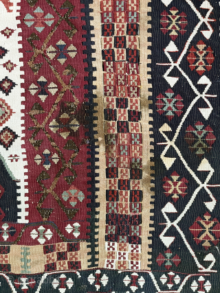 Antique Reyhanli kilim. 184 x 109 cm / 6' x 3' 7" Metal threads, a few small repairs, and a small stain as shown in the final photo; in overall excellent conditon. ...
