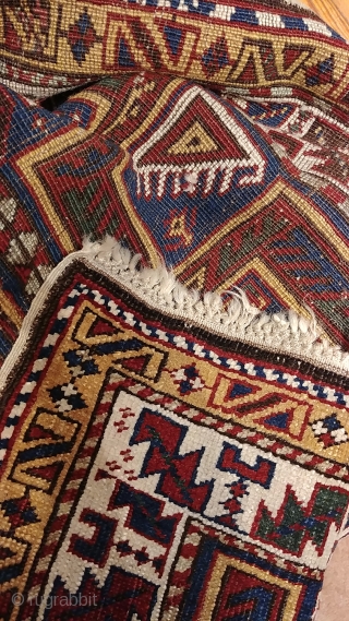 Antique Avar rug.  Petite size, 86cm x 107cm (34"x44"). Good condition, sides and ends in tact and secure.  Good color. Slight oxidation.  Soft handle and, true to form, has  ...