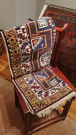 Antique Avar rug.  Petite size, 86cm x 107cm (34"x44"). Good condition, sides and ends in tact and secure.  Good color. Slight oxidation.  Soft handle and, true to form, has  ...