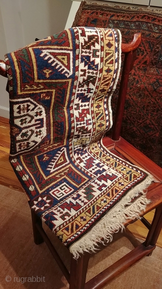 Antique Avar rug.  Petite size, 86cm x 107cm (34"x44"). Good condition, sides and ends in tact and secure.  Good color. Slight oxidation.  Soft handle and, true to form, has  ...