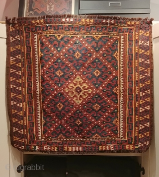 Uzbek Tartari bag face.  Early 1900s. Double interlocking tapestry weave, on goat hair warp.  35" X 31" (89cm x 79cm). Aged, dry texture.  In excellent condition, suitable for trafficked  ...