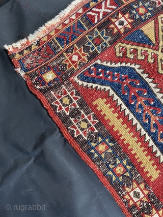 Antique Anatolian yastik. 63cm X 106cm. Unusual and technically astute reverse brocade weave. Professionally mounted on linen. Good saturated colors. Original sides. As pictured, etching in the dark brown yarns, a couple  ...