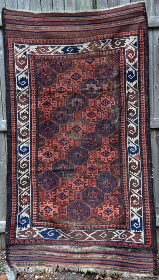 Baluch rug with good colors and condition issues. Symmetrically-knotted. Available for just the cost of shipping.                 