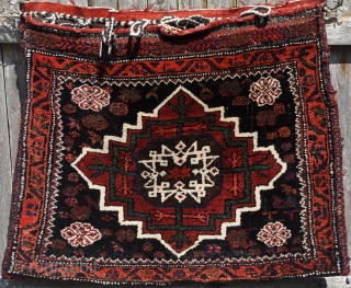 Pair of Kuhi Afshar bags. Excellent color and lush pile. Each bag is 32" x 37" (81 x 68 cm).             