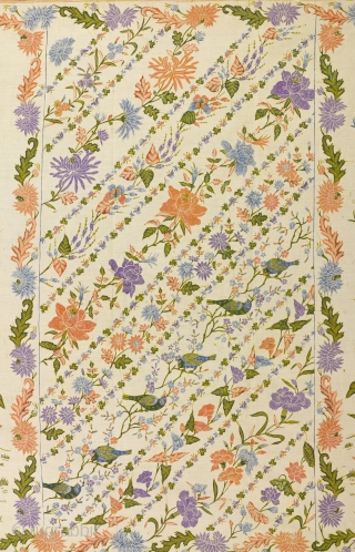 TE02305
1940s Kain Panjang Batik Tulis, woman's hip wrapper, white cotton with very finely hand-drawn wax resist changing floral patterns in diagonal bands in central or kepala section and peacocks and chickens under  ...