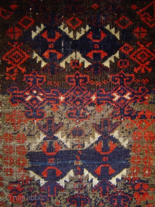 Baluch yastik, balisht, or pushti, 23 x 37.5 inches. A unique 19th century improvisation for the discerning collector. Wool and camel hair. Corroded browns. Sides mostly original finish, some re-wrapping. A few  ...