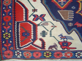 Topless antique Bijar Kurd kilim with superb colors and interesting animals. Missing top border replaced by blue denim strip. -- Concentricity and Gravitas: there are 28 Color Fields progressing from outer border  ...