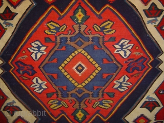 Topless antique Bijar Kurd kilim with superb colors and interesting animals. Missing top border replaced by blue denim strip. -- Concentricity and Gravitas: there are 28 Color Fields progressing from outer border  ...