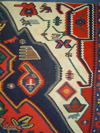 Topless antique Bijar Kurd kilim with superb colors and interesting animals. Missing top border replaced by blue denim strip. -- Concentricity and Gravitas: there are 28 Color Fields progressing from outer border  ...