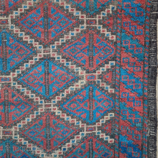 Antique Baluch small rug: Geometric Gul motif in Diamond Lattice repeat with crisp camel hair stepped outline. 33 x 58 inches.  Brilliant blues. Very good condition. Inexpensive. johnbatki@gmail.com    