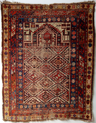 Shirvan prayer rug with Turkmen hooked motif rarely seen in this type of hexagon lattice, 43 x 55 inches, probably 19th century. -- Please inquire directly at johnbatki@gmail.com     