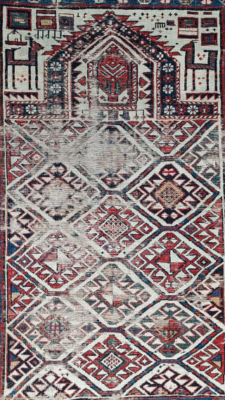 Shirvan prayer rug with Turkmen hooked motif rarely seen in this type of hexagon lattice, 43 x 55 inches, probably 19th century. -- Please inquire directly at johnbatki@gmail.com     