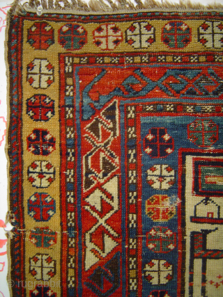 Shirvan prayer rug with Turkmen hooked motif rarely seen in this type of hexagon lattice, 43 x 55 inches, probably 19th century. -- Please inquire directly at johnbatki@gmail.com     