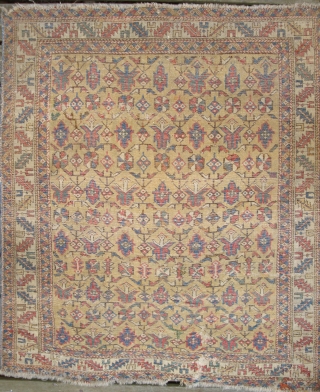 Fine and very old East Caucasian Yellow Field Khyrdaghyd pattern rug, ca. 4 x 4 ft 5 inches. Nice variant motifs near lower end.  Mid-19th century or earlier, with corresponding evidences  ...