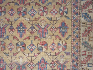 Fine and very old East Caucasian Yellow Field Khyrdaghyd pattern rug, ca. 4 x 4 ft 5 inches. Nice variant motifs near lower end.  Mid-19th century or earlier, with corresponding evidences  ...