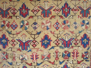 Fine and very old East Caucasian Yellow Field Khyrdaghyd pattern rug, ca. 4 x 4 ft 5 inches. Nice variant motifs near lower end.  Mid-19th century or earlier, with corresponding evidences  ...