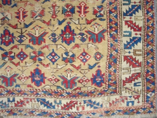 Fine and very old East Caucasian Yellow Field Khyrdaghyd pattern rug, ca. 4 x 4 ft 5 inches. Nice variant motifs near lower end.  Mid-19th century or earlier, with corresponding evidences  ...