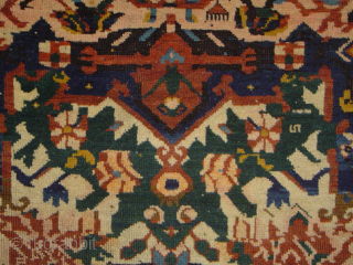 Inventively eventful early 20th century Kuba Seikhur so-called "Sport" carpet fragment, lower end rewoven including warp end braids, 48 x 68 inches. Loose and floppy handle, silky wool in fairly good pile  ...