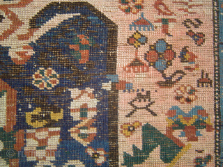 Inventively eventful early 20th century Kuba Seikhur so-called "Sport" carpet fragment, lower end rewoven including warp end braids, 48 x 68 inches. Loose and floppy handle, silky wool in fairly good pile  ...