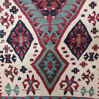 Antique SouthEast Anatolian small kilim, 48 x 62 inches. Wool, white cotton, metal-wrapped highlights. Excellent condition. Please contact johnbatki@gmail.com              
