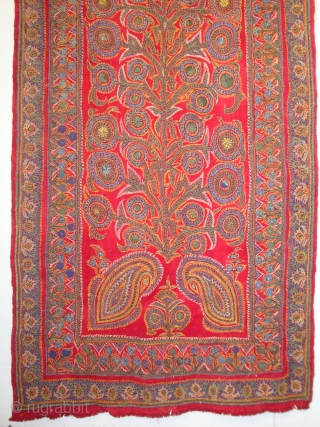 Kirman Tree under Arch embroidery, wool on fine red pashmina plain weave. 30 x 108 inches. Circa 1900.               