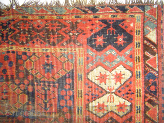 Unusual 19th century Middle Amy Darya Beshir small carpet, 130 x 185 cm (4'3" x 6'1"). ---Three Stacks of Guls alternating with squares containing a Quincunx of 5 dots. "Bowtie" border. Delightful  ...