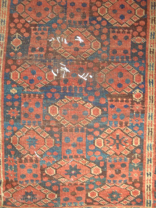 Unusual 19th century Middle Amy Darya Beshir small carpet, 130 x 185 cm (4'3" x 6'1"). ---Three Stacks of Guls alternating with squares containing a Quincunx of 5 dots. "Bowtie" border. Delightful  ...