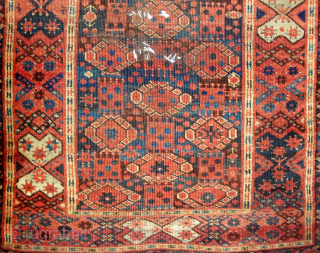 Unusual 19th century Middle Amy Darya Beshir small carpet, 130 x 185 cm (4'3" x 6'1"). ---Three Stacks of Guls alternating with squares containing a Quincunx of 5 dots. "Bowtie" border. Delightful  ...