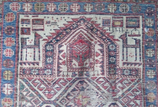 Unusual Shirvan prayer rug, Ivory Field with 10 hooked diamond guls in a hexagon lattice, 108 x 140 cm. Heavy wear as shown, one small hole, no repairs or restorations, original sides,  ...