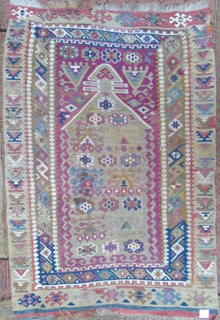 PK-073 Antique east central Anatolian niche kilim, 91 x 135 cm (36 x 53 inches). Very fine tight weave, many old repairs of varying quality. Still packs a punch. Please use johnbatki@gmail.com 