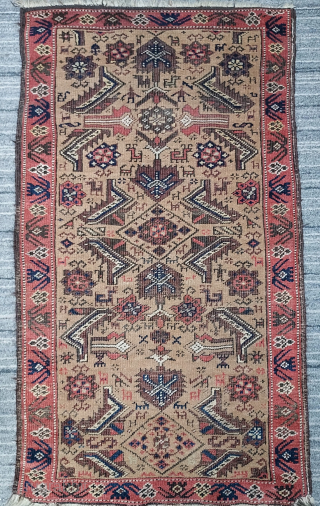 BALUCH GROUP wool and camel hairasymmetrically knotted cut pile small rug29 x 51 inches, original goat hair side finish. Please email johnbatki@gmail.com           