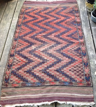 Space Odyssey 2001 Mosaic Tiles Antique Baluch with overall ZigZag pattern. 86 x 160 cm. Asymmetrical knots, original side finish and kilim ends. Metal loops sewn along right side indicate rug was  ...