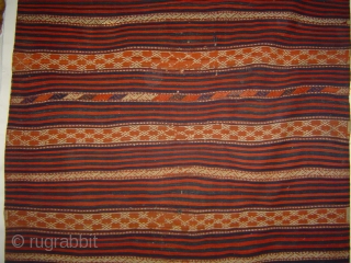 Antique NW Anatolia nomad possibly Balikeshir Yuncu large banded kilim, extra-weft brocaded details, very good condition 5 x 11 ft (150 x 325 cm) -- An archaic Poem in Madder and Indigo! 